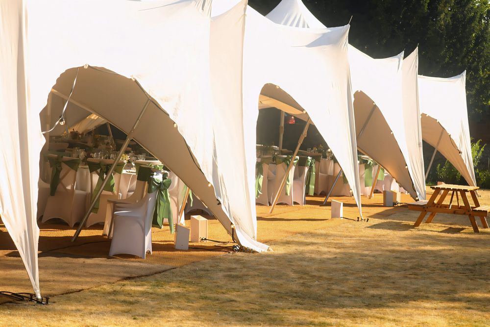 The sweeping curved roof of a Capri marquee, open-sided over a grass pitch